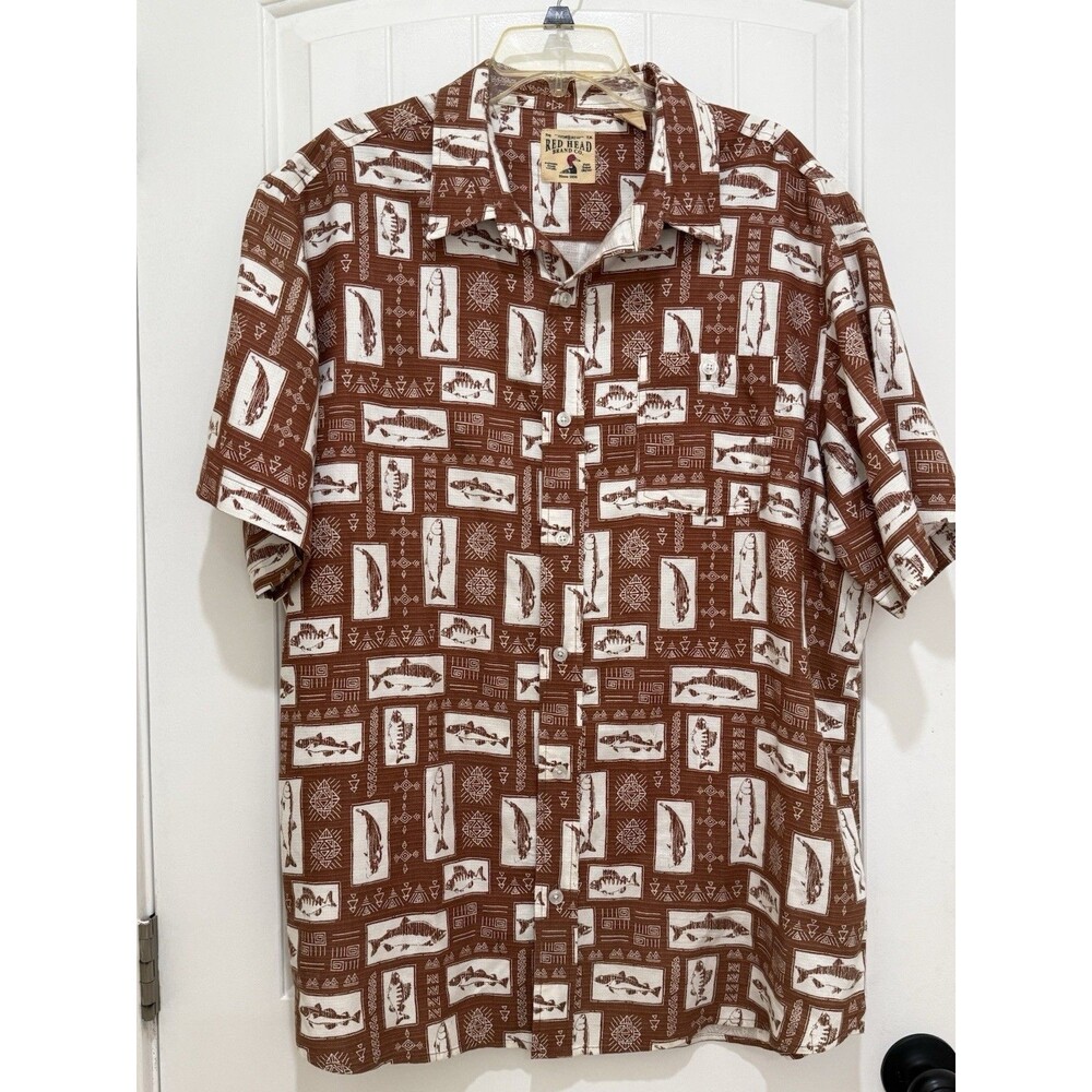 Red Head Brand Co Shirt Men Sz XL Fishing Trout Short Sleeve Button Down a